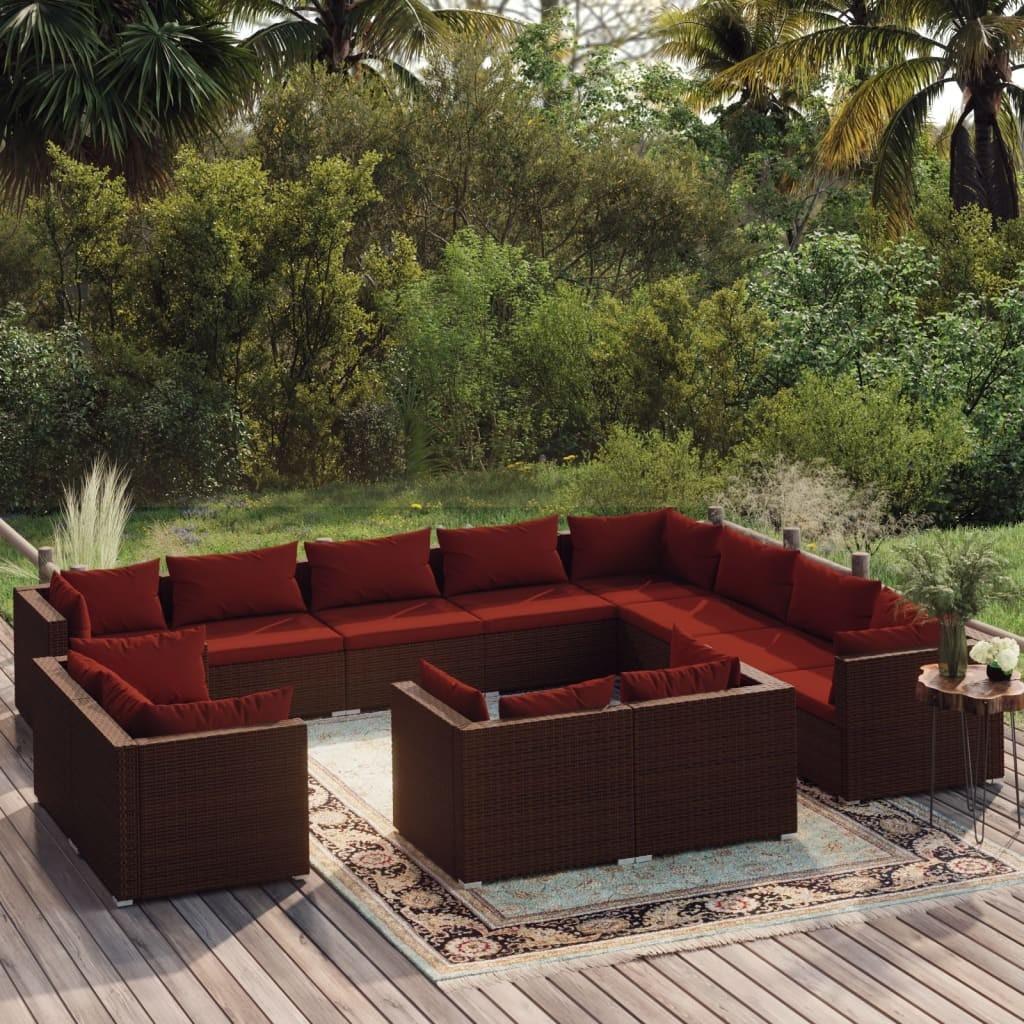 Loungesæt til haven i polyrattan - 12 dele, brun/kanelrød