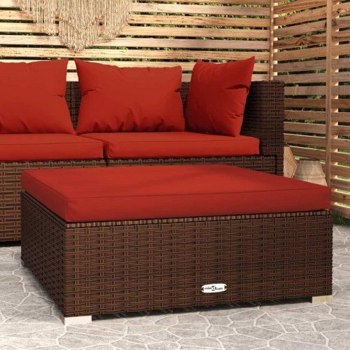 Fodskammel til haven i polyrattan med hynde 70×70×30 cm - brun/kanelrød