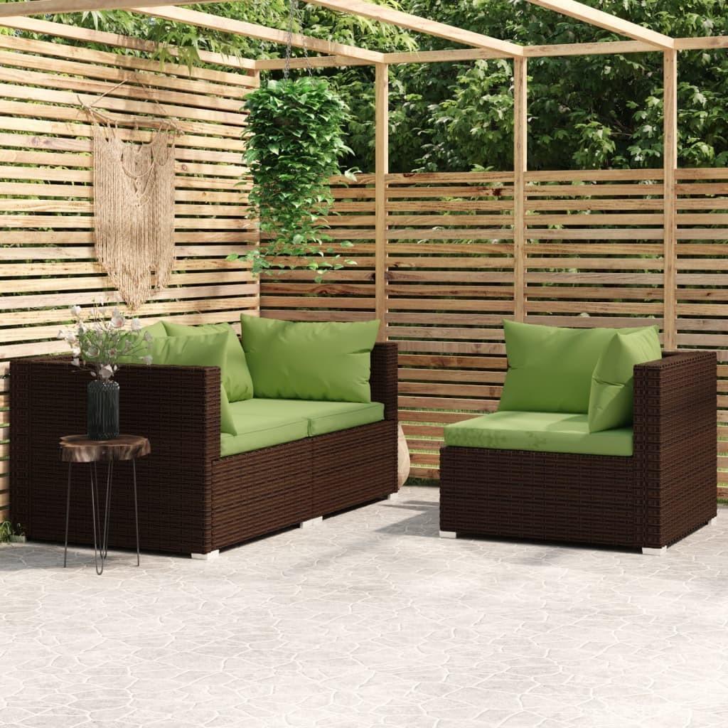 Loungesæt til haven 3 dele med hynder polyrattan brun