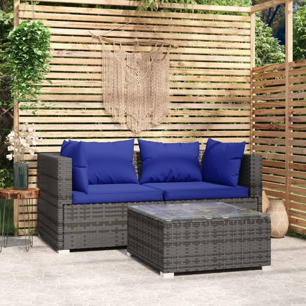 Loungesæt til haven 3 dele med hynder polyrattan grå