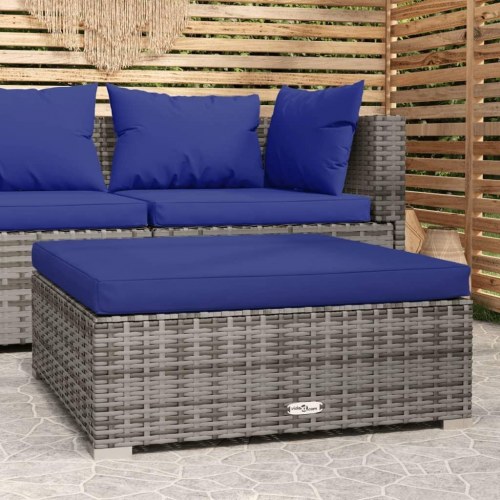 Fodskammel til haven med hynde 70×70×30 cm - polyrattan, grå/mørkeblå