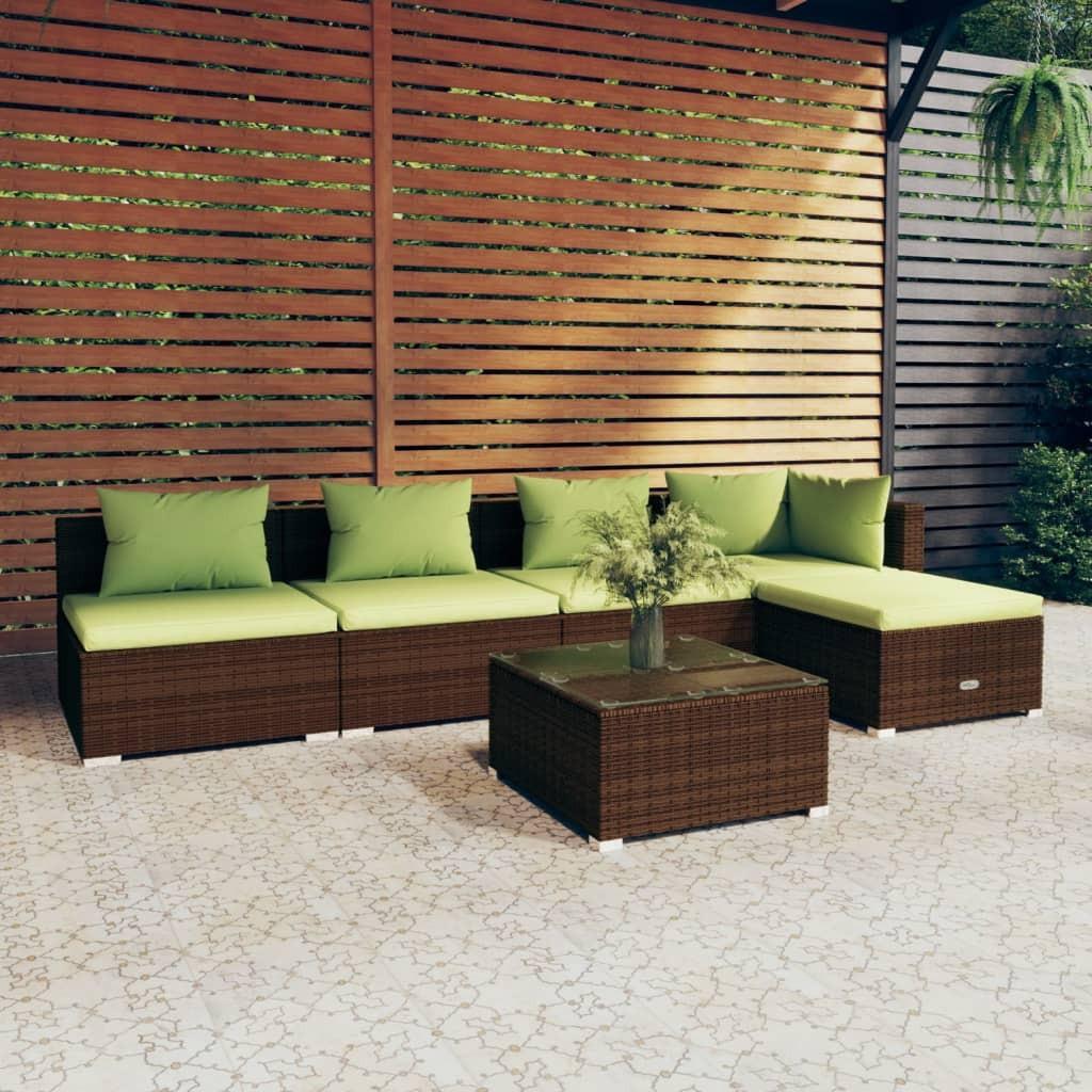 Loungesæt til haven 6 dele med hynder polyrattan brun