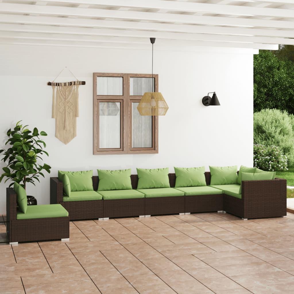 Loungesæt til haven 7 dele med hynder polyrattan brun
