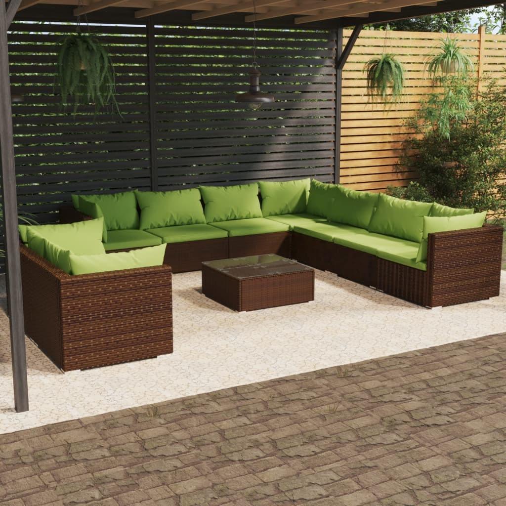 Loungesæt til haven 10 dele med hynder polyrattan brun