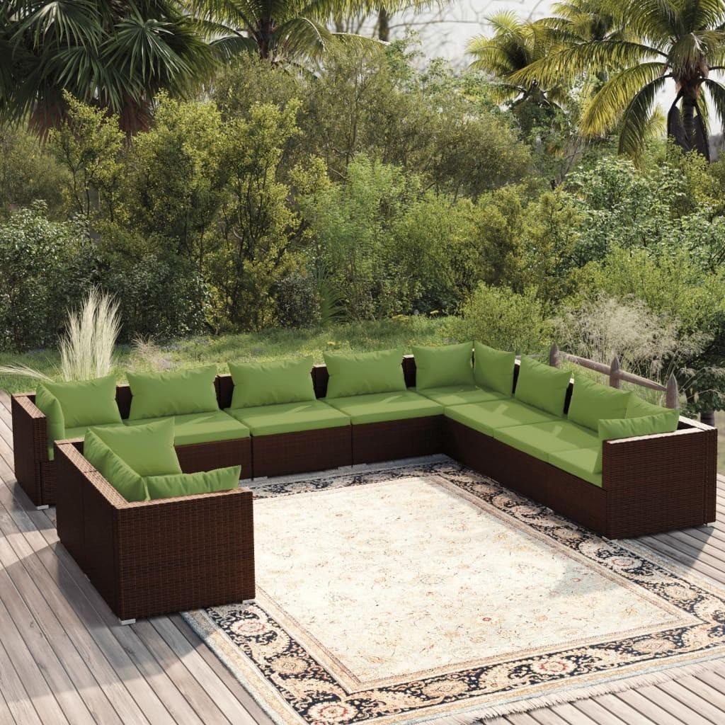 Loungesæt til haven 10 dele med hynder polyrattan brun