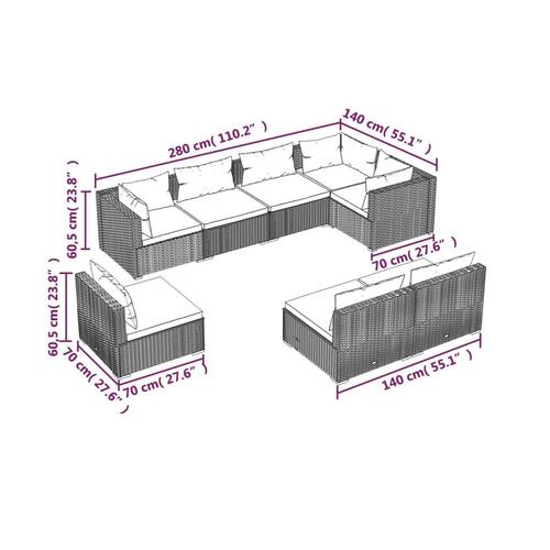 Loungesæt til haven 8 dele med hynder polyrattan brun