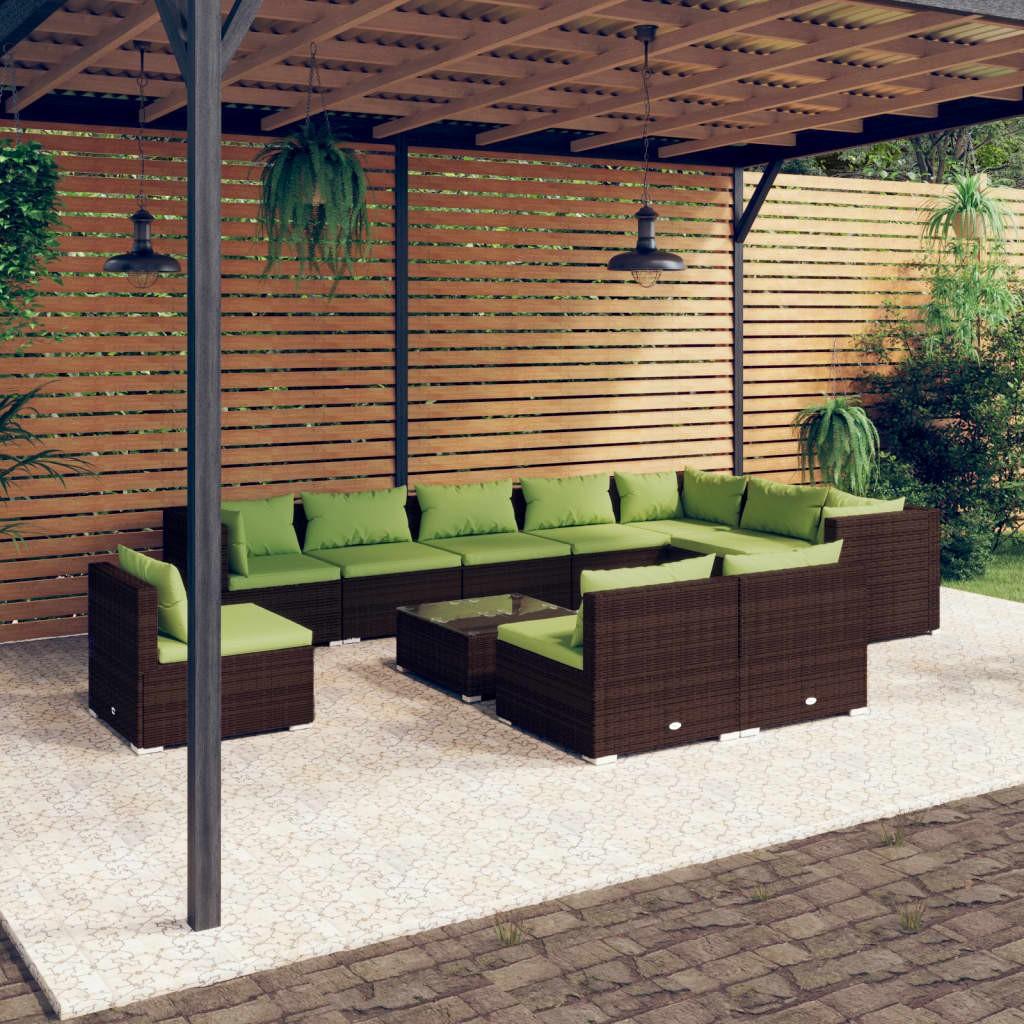 Loungesæt til haven 11 dele med hynder polyrattan brun