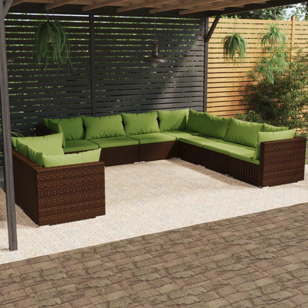 Loungesæt til haven 9 dele med hynder polyrattan brun