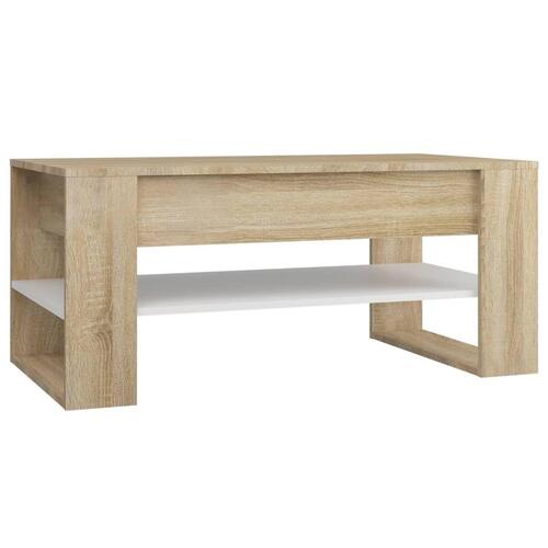 Sofabord 102x55x45 cm konstrueret træ hvid og sonoma-eg