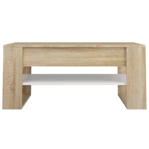 Sofabord 102x55x45 cm konstrueret træ hvid og sonoma-eg