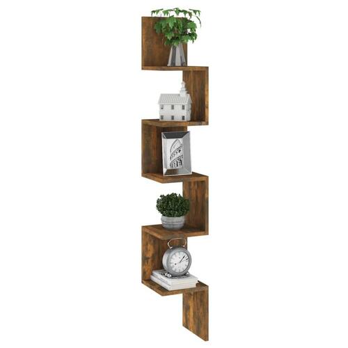 Væghængt hjørnehylde 20x20x127,5 cm konstrueret træ røget eg