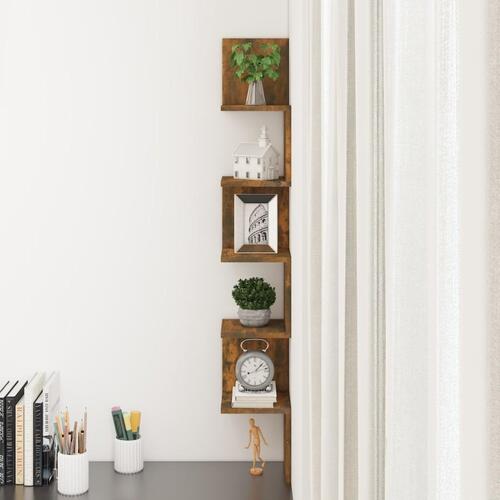 Væghængt hjørnehylde 20x20x127,5 cm konstrueret træ røget eg