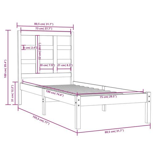 Sengeramme 75x190 cm Small Single massivt træ hvid