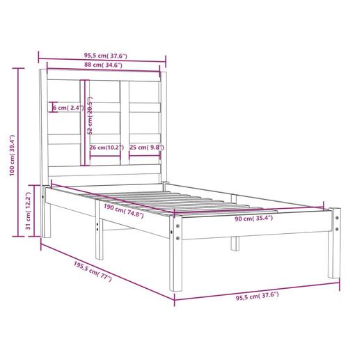 Sengeramme 90x190 cm Single massivt træ hvid
