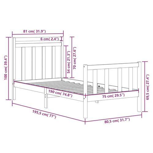 Sengeramme 75x190 cm Small Single massivt træ grå