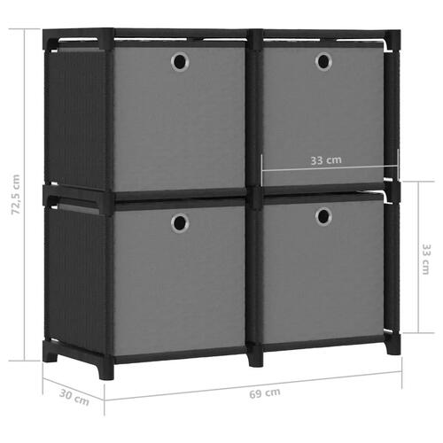 Reol med 4 rum og kasser 69x30x72,5 cm stof sort