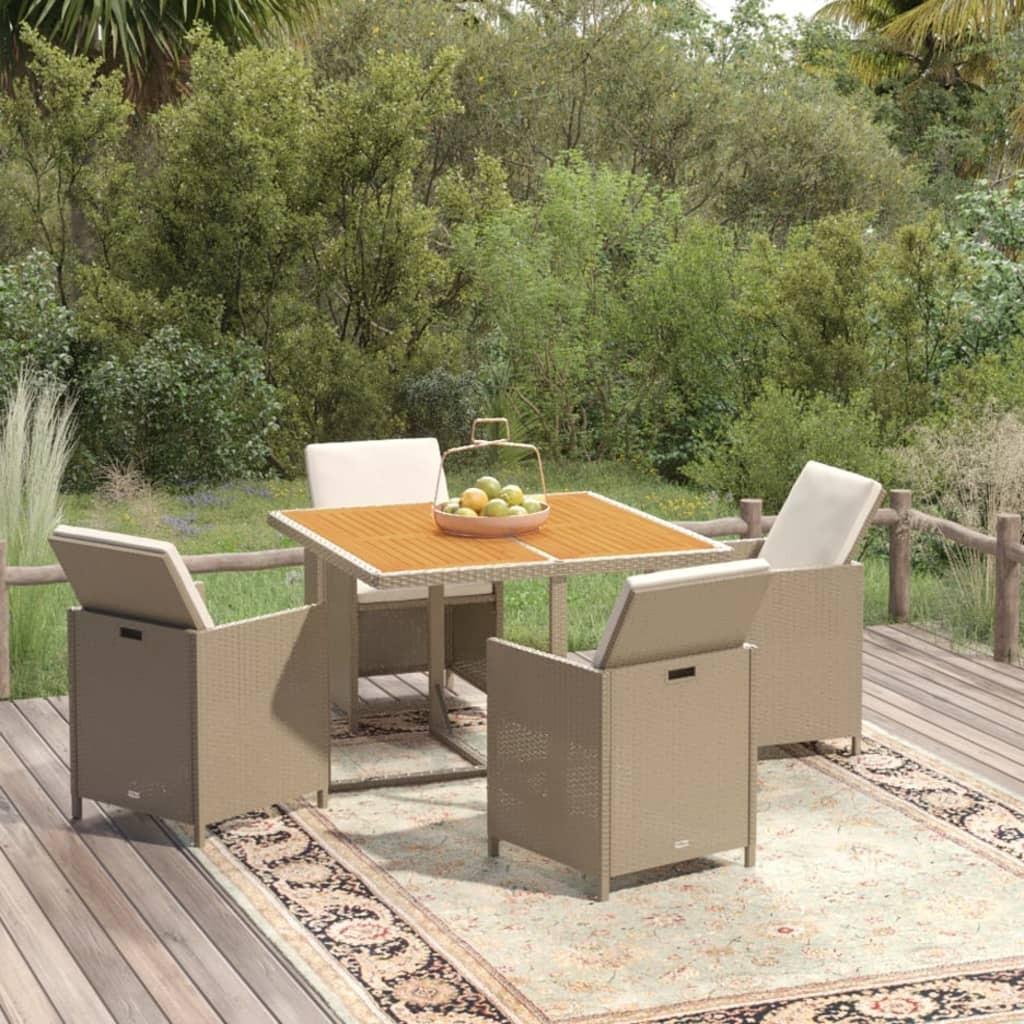 Spisebordssæt til haven 5 dele med hynder polyrattan beige