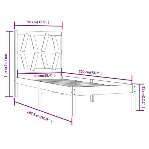Sengeramme 90x200 cm massivt fyrretræ hvid