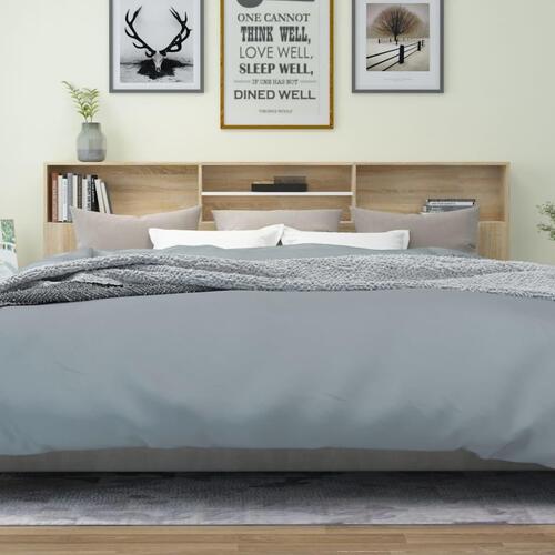 Sengegavl med opbevaring 220x19x103,5 cm hvid og sonoma-eg