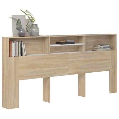 Sengegavl med opbevaring 220x19x103,5 cm hvid og sonoma-eg