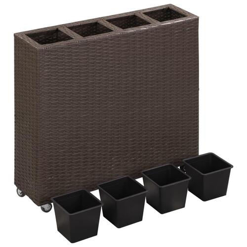 Hævet plantekasse med 4 krukker 80x22x79 cm polyrattan brun