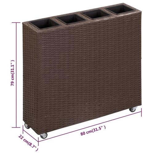 Hævet plantekasse med 4 krukker 80x22x79 cm polyrattan brun