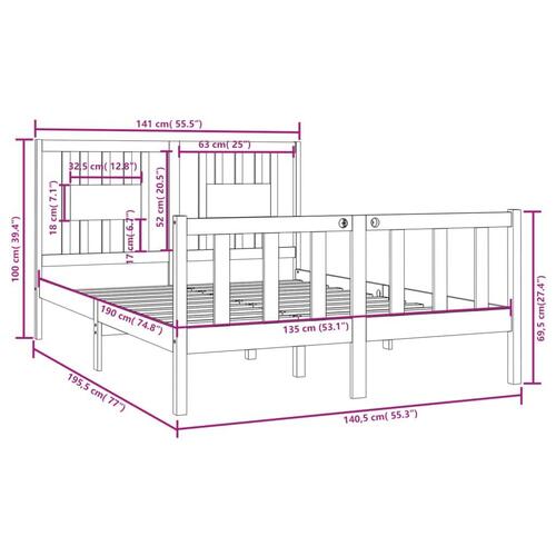 Sengeramme 135x190 cm dobbelt massivt fyrretræ hvid