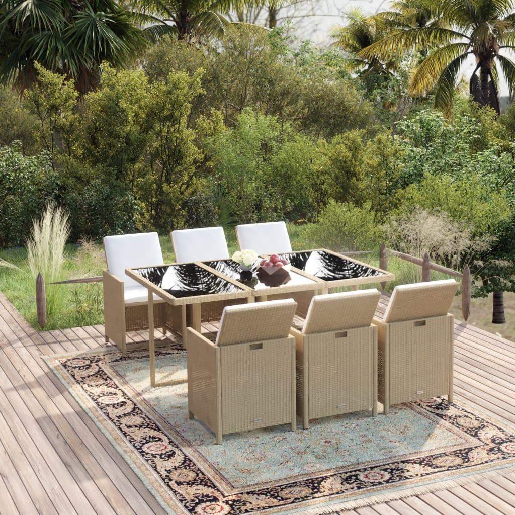 Spisebordssæt til haven 7 dele med hynder polyrattan beige