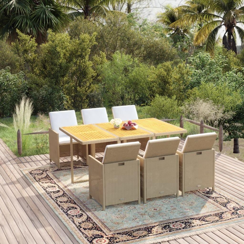 Spisebordssæt til haven 7 dele med hynder polyrattan beige