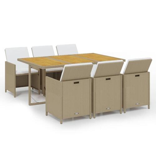 Spisebordssæt til haven 7 dele med hynder polyrattan beige