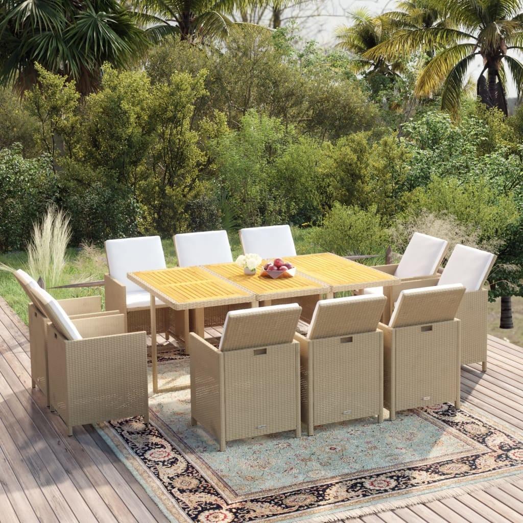 Spisebordssæt til haven 11 dele med hynder polyrattan beige