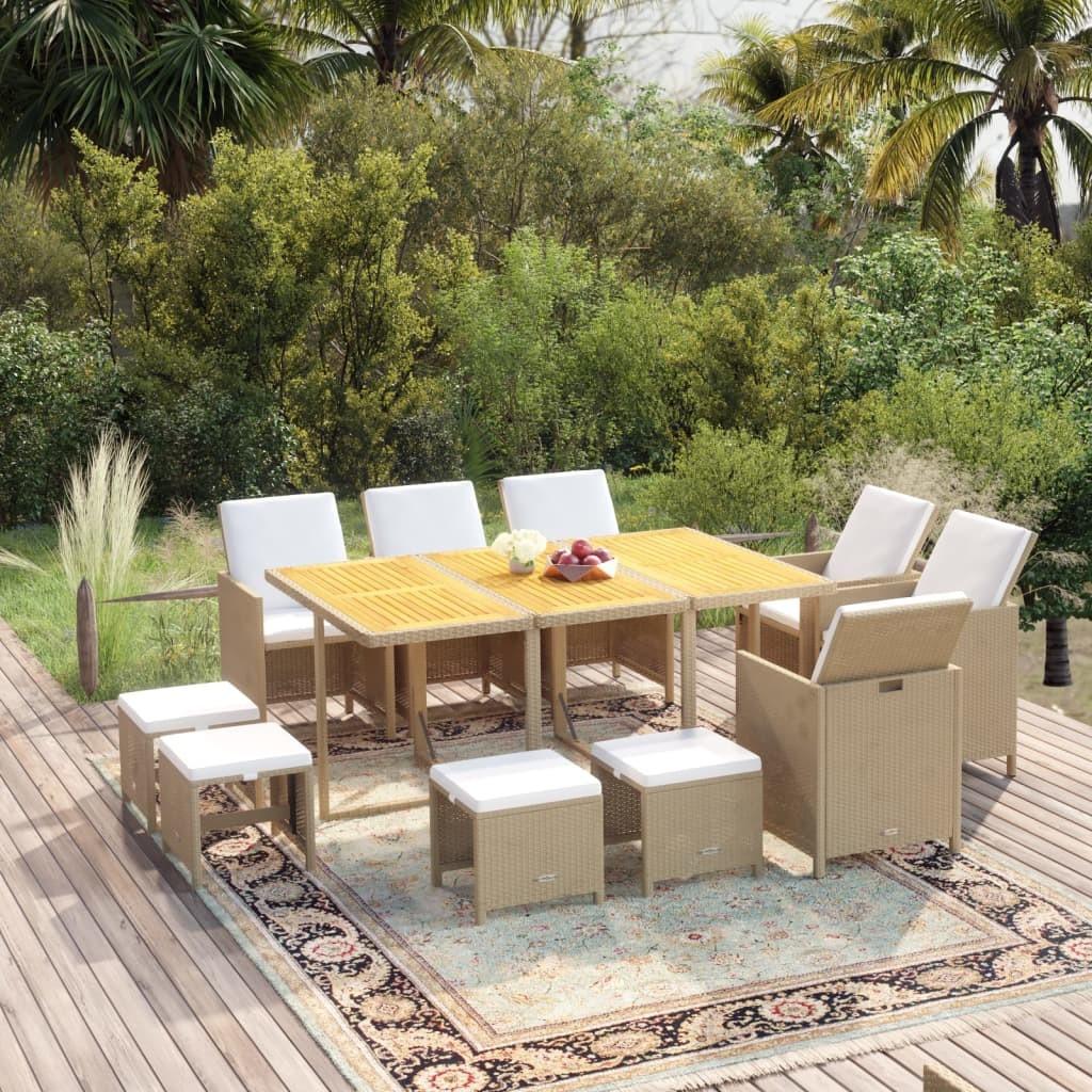 Spisebordssæt til haven 11 dele med hynder polyrattan beige