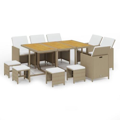 Spisebordssæt til haven 11 dele med hynder polyrattan beige