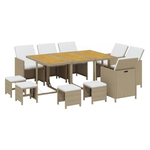 Spisebordssæt til haven 11 dele med hynder polyrattan beige