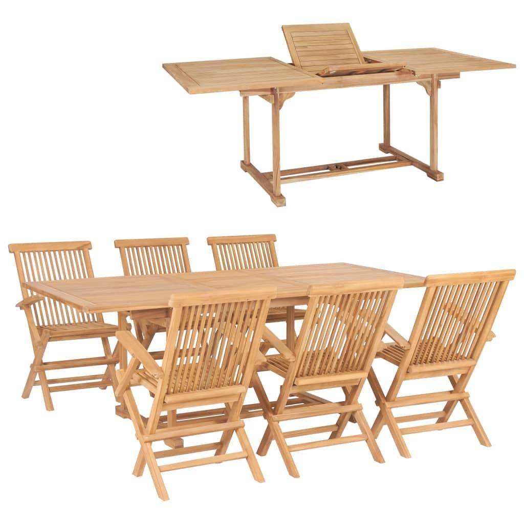 Udendørs spisebordssæt 7 dele 150-200x100x75 cm massivt teak