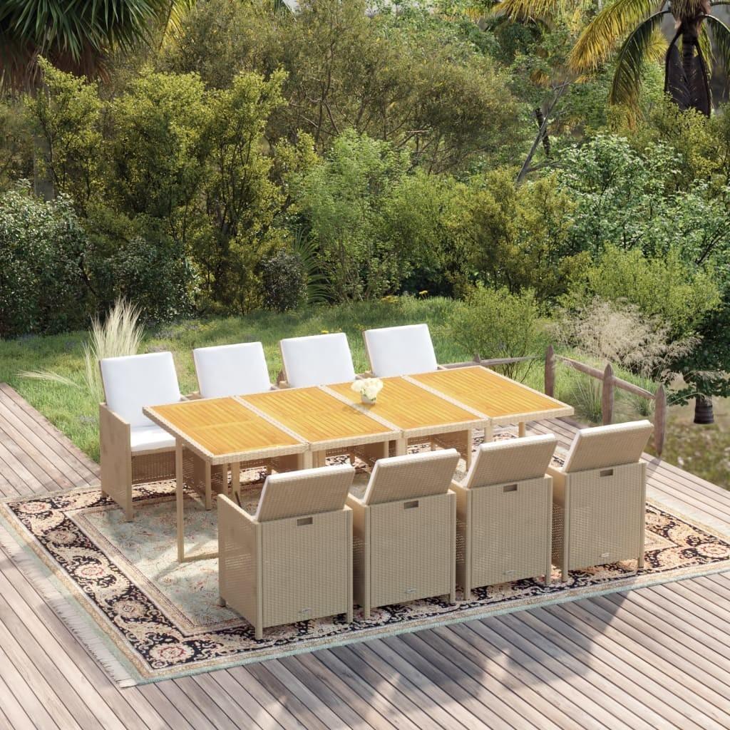 Spisebordssæt til haven 9 dele med hynder polyrattan beige billede