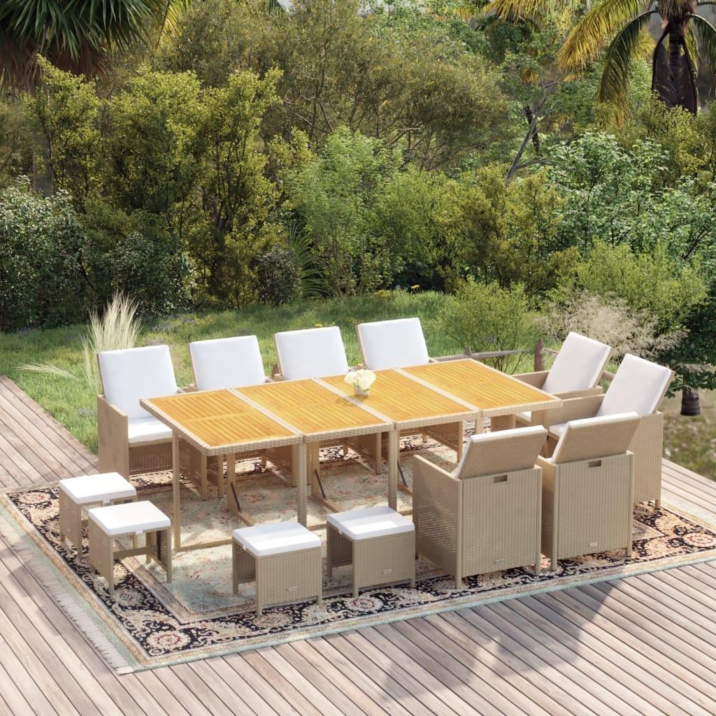 Spisebordssæt til haven 13 dele med hynder polyrattan beige