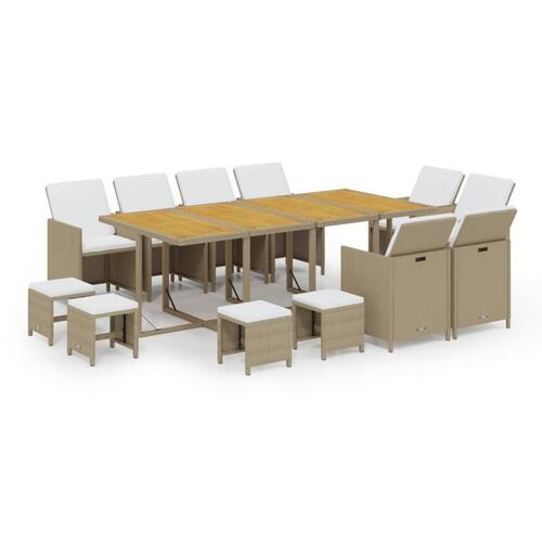 Spisebordssæt til haven 13 dele med hynder polyrattan beige