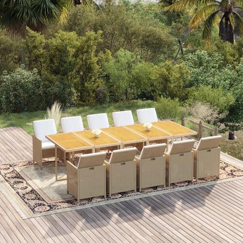 Spisebordssæt til haven 11 dele med hynder polyrattan beige