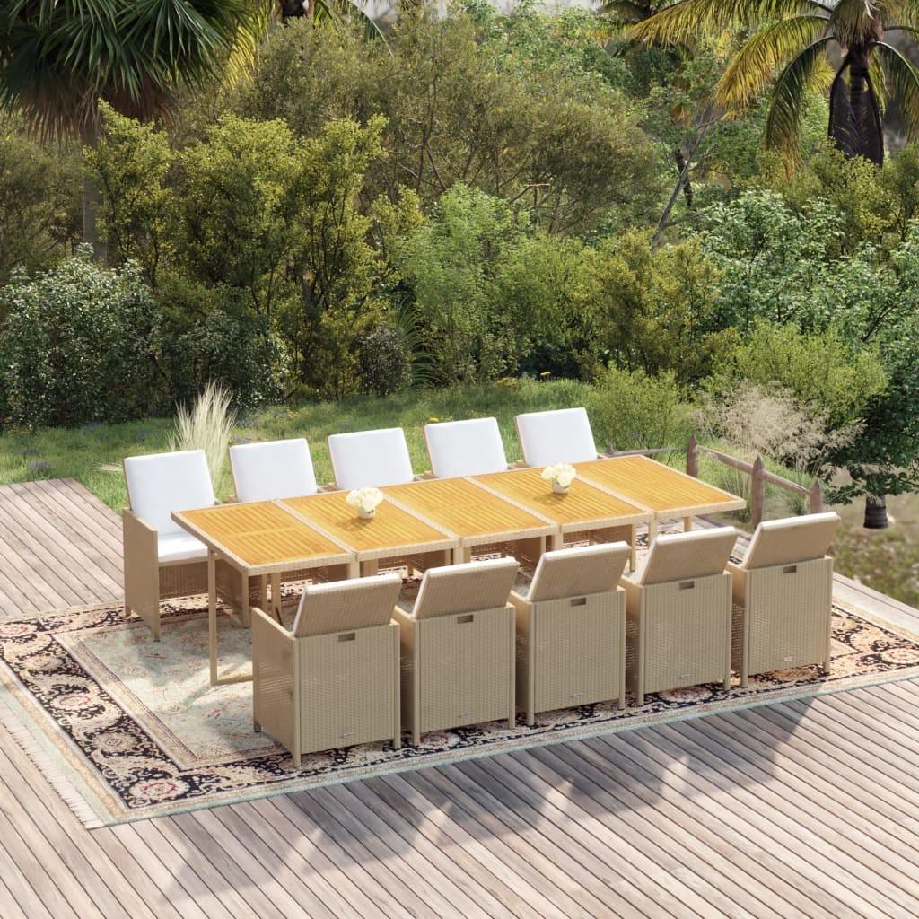 Spisebordssæt til haven 11 dele med hynder polyrattan beige