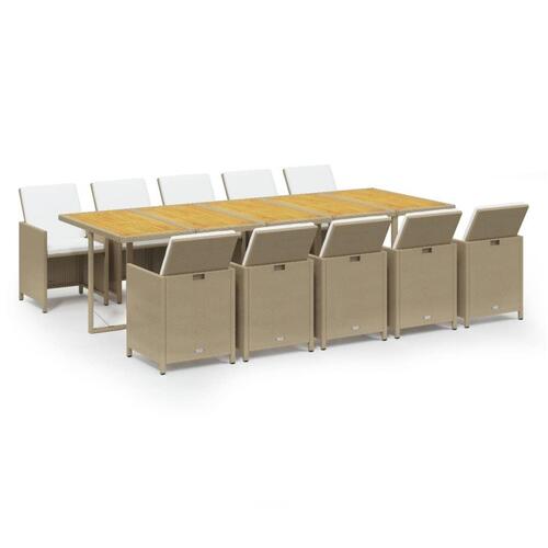 Spisebordssæt til haven 11 dele med hynder polyrattan beige