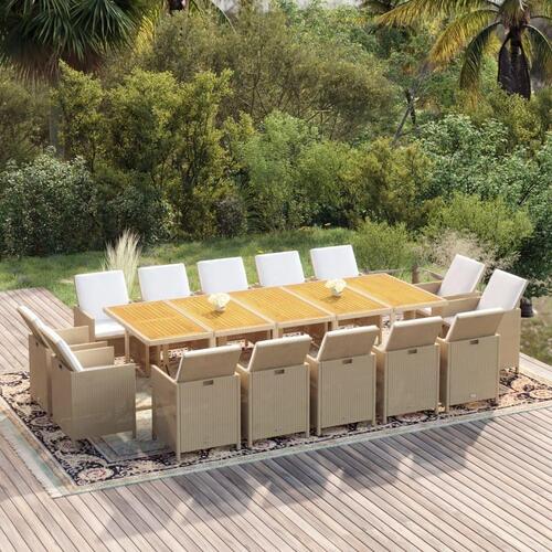 Spisebordssæt til haven 15 dele med hynder polyrattan beige