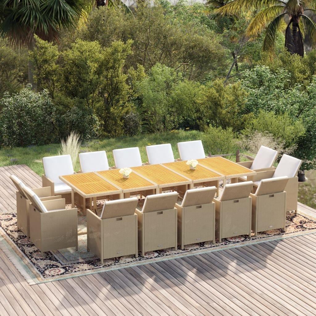 Spisebordssæt til haven 15 dele med hynder polyrattan beige