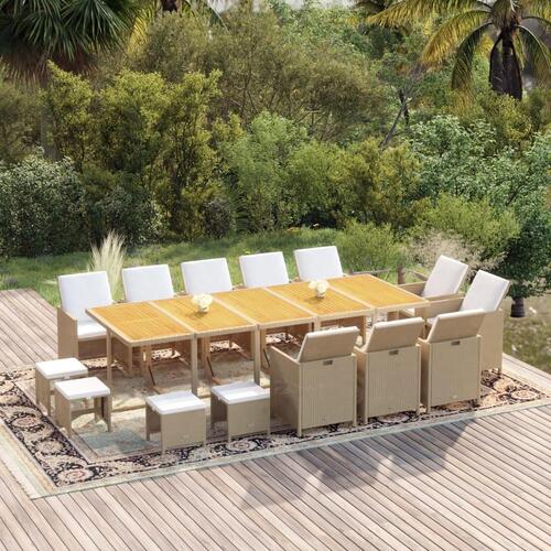 Spisebordssæt til haven 15 dele med hynder polyrattan beige