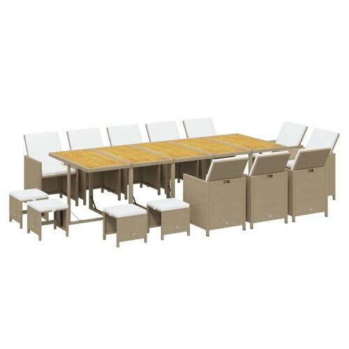 Spisebordssæt til haven 15 dele med hynder polyrattan beige
