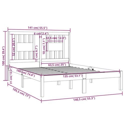 Sengeramme 135x190 cm Double massivt fyrretræ grå