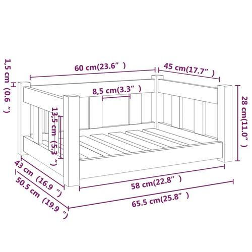 Hundeseng 65,5x50,5x28 cm massivt fyrretræ hvid