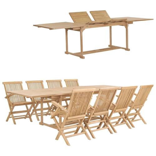 Udendørs spisebordssæt 9 dele 180-280x100x75 cm massivt teak