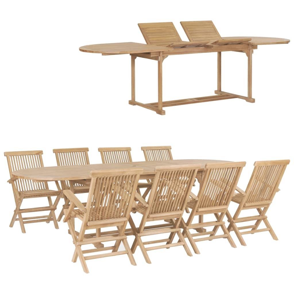 Udendørs spisebordssæt 9 dele 180-280x100x75 cm massivt teaktræ