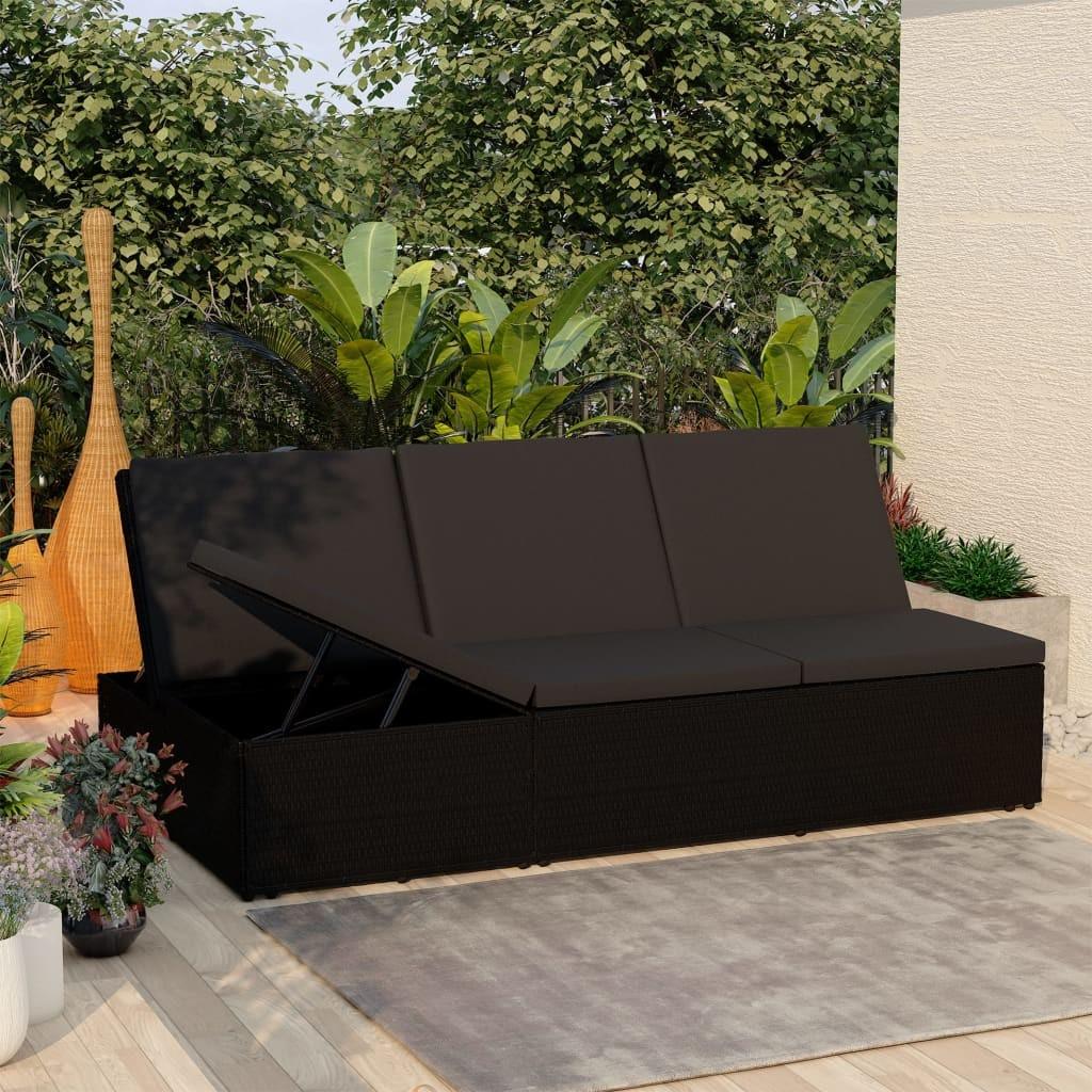 Konvertibel solseng med hynde polyrattan sort